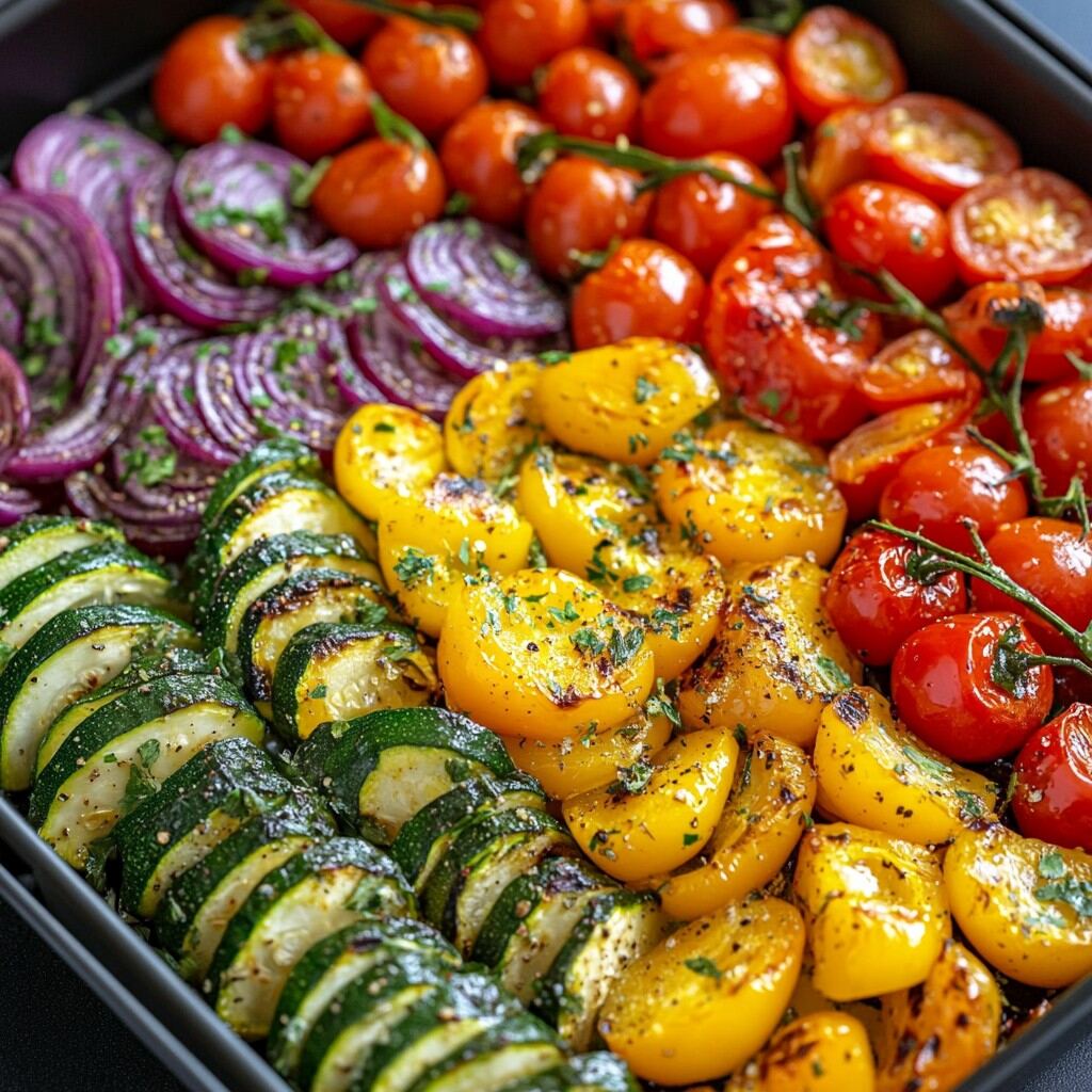 Tray of roasted summer vegetables